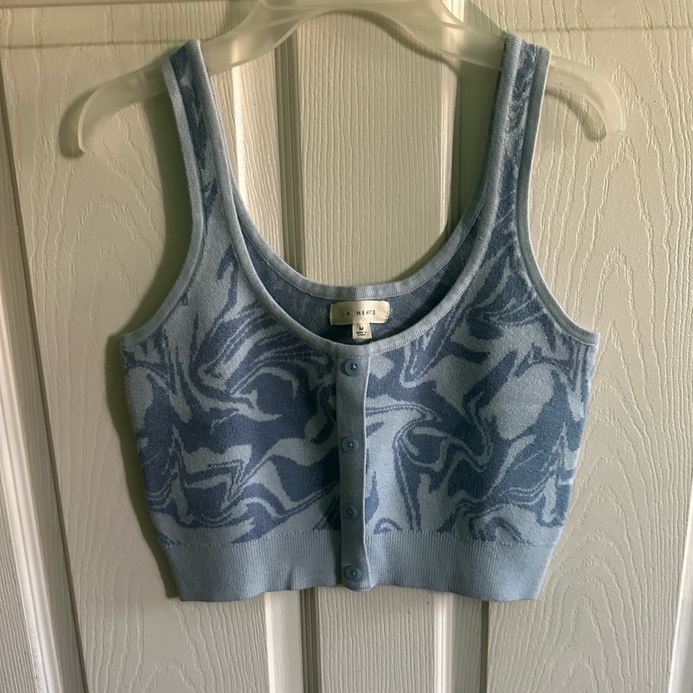 Blue Patterned Knit Tank Top
